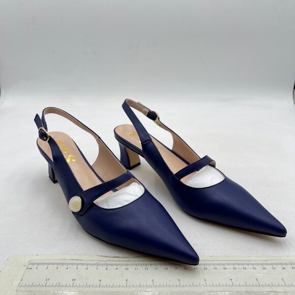 FYS Blue Low Heel Slingback Pearl Pointed Toe Pumps Buckle Slip On Dress Shoes - Picture 4 of 8